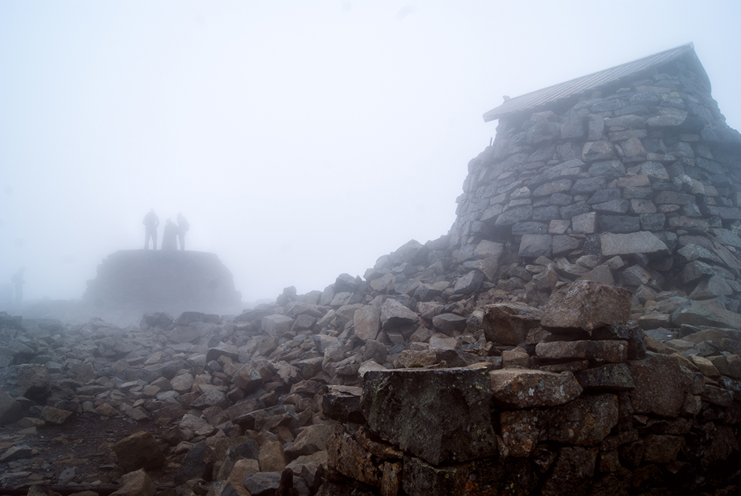 Ben Nevis summit in mist Three Peaks
